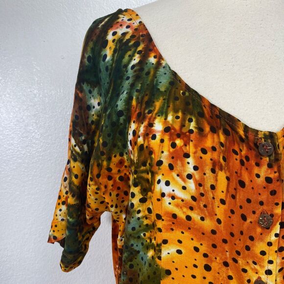 Vintage Womans Midi Dress Medium  Rayon Orange Tie-Dye Boho Peasant Y2K Festival - Picture 3 of 10